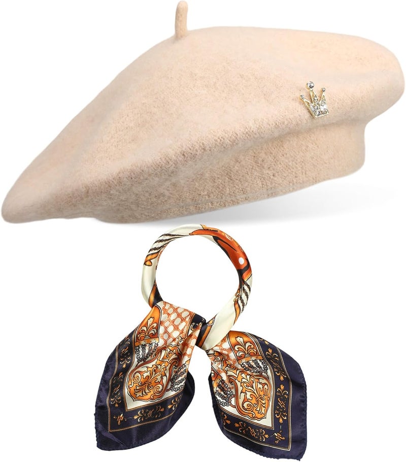 Jamntower 3 Pcs Wool Beret Solid Color French Beanie Hat with Silky Scarf Brooch for Women Girls Gift - Image 1